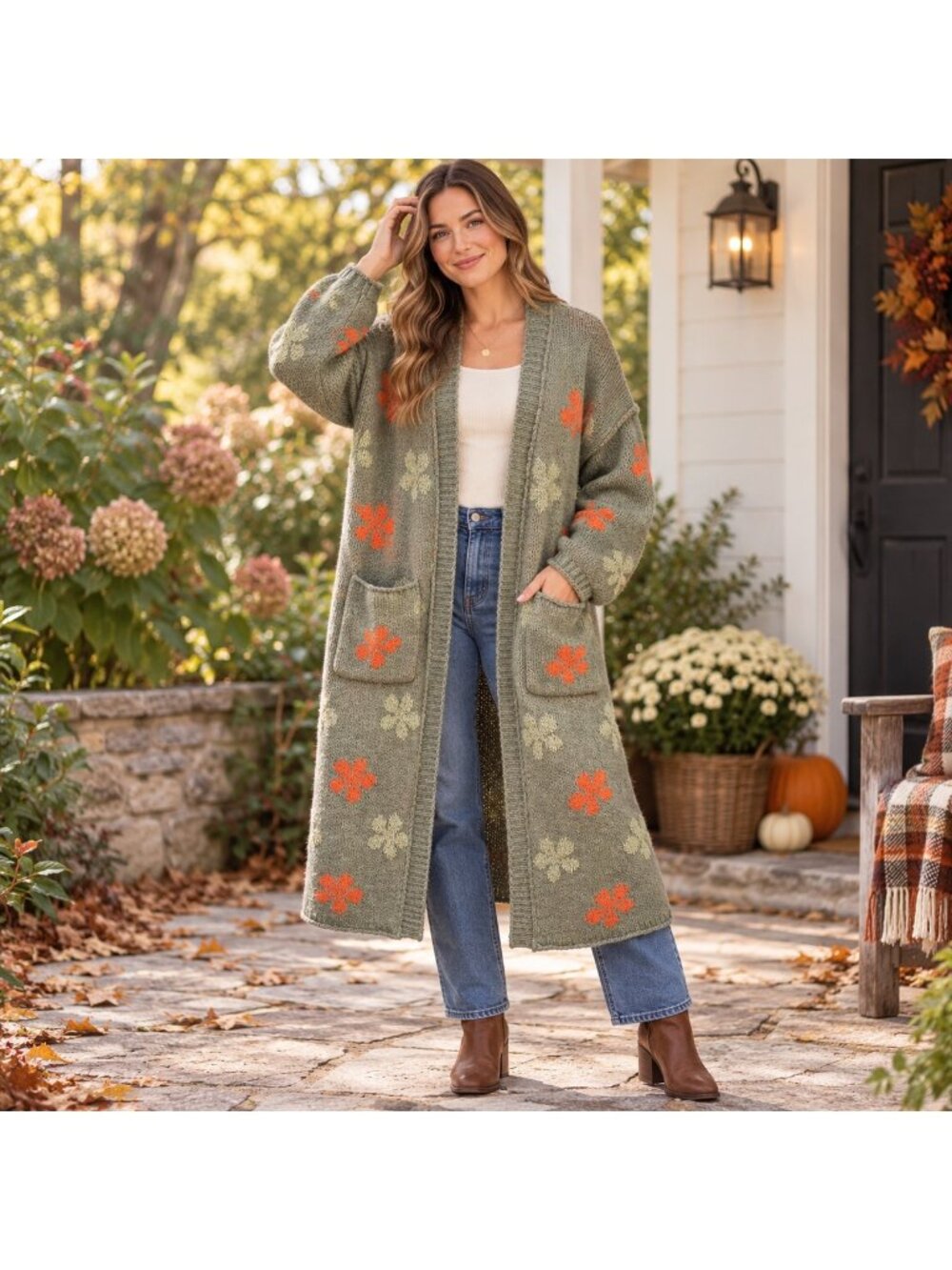 POL Womens Floral Duster Cardigan Size S Oversized Boho Longline Knit Pockets